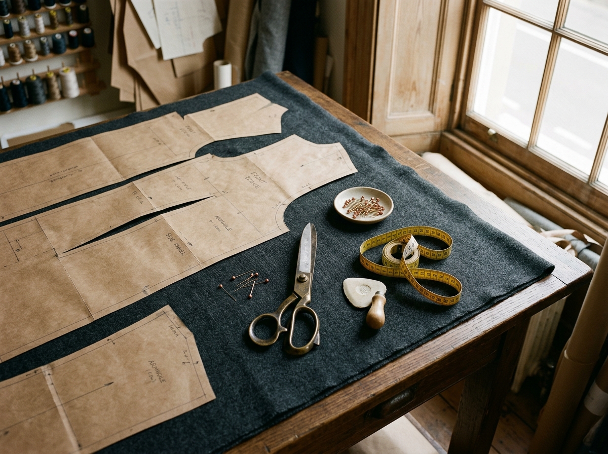 Table de coupe de l’atelier LE MÈTRE — mètre-ruban, craie, épingles
